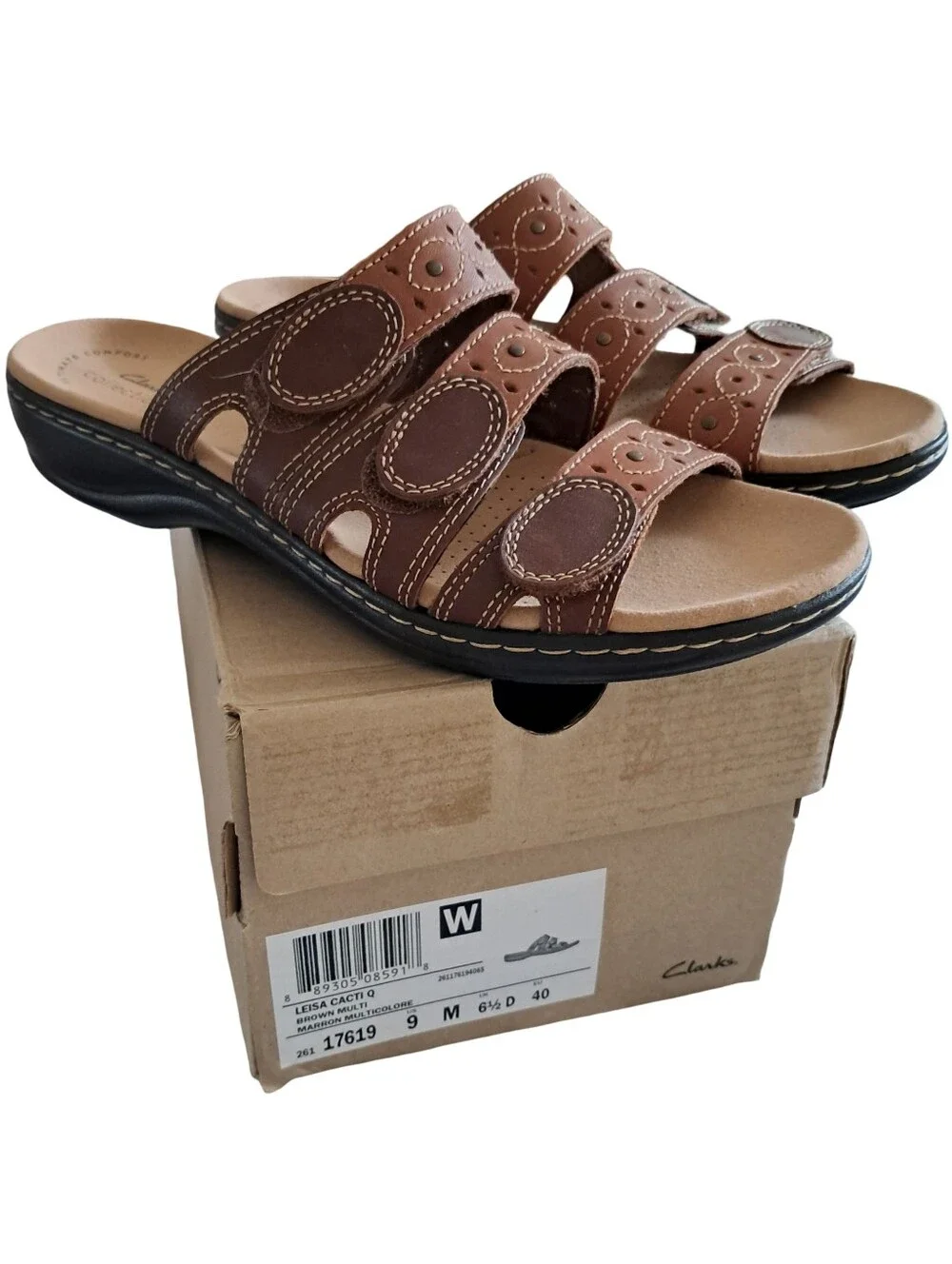 Clarks Leisa Cacti Q Leather Adjustable Slip Ons Sandals Size 9 M Brown Multi